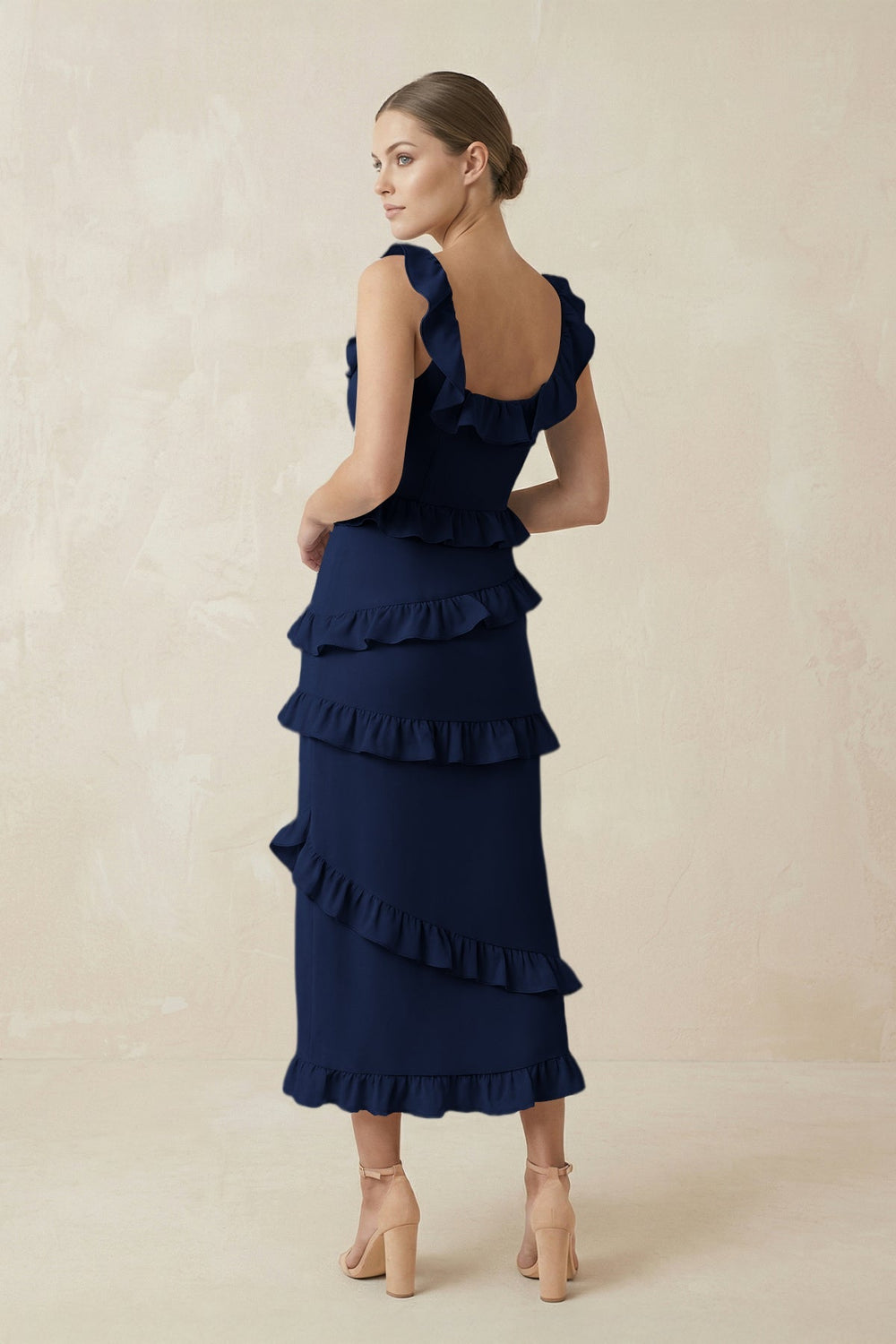 Square Neck Ruffled Sheath Satin Midi Bridesmaid Dress in Navy - KISS BRIDAL Bridesmaid Dresses