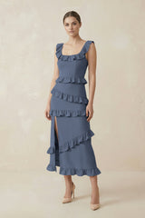 Square Neck Ruffled Sheath Satin Midi Bridesmaid Dress in Neptune - KISS BRIDAL Bridesmaid Dresses