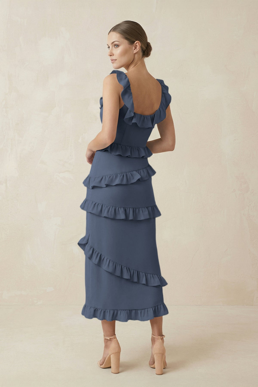 Square Neck Ruffled Sheath Satin Midi Bridesmaid Dress in Neptune - KISS BRIDAL Bridesmaid Dresses