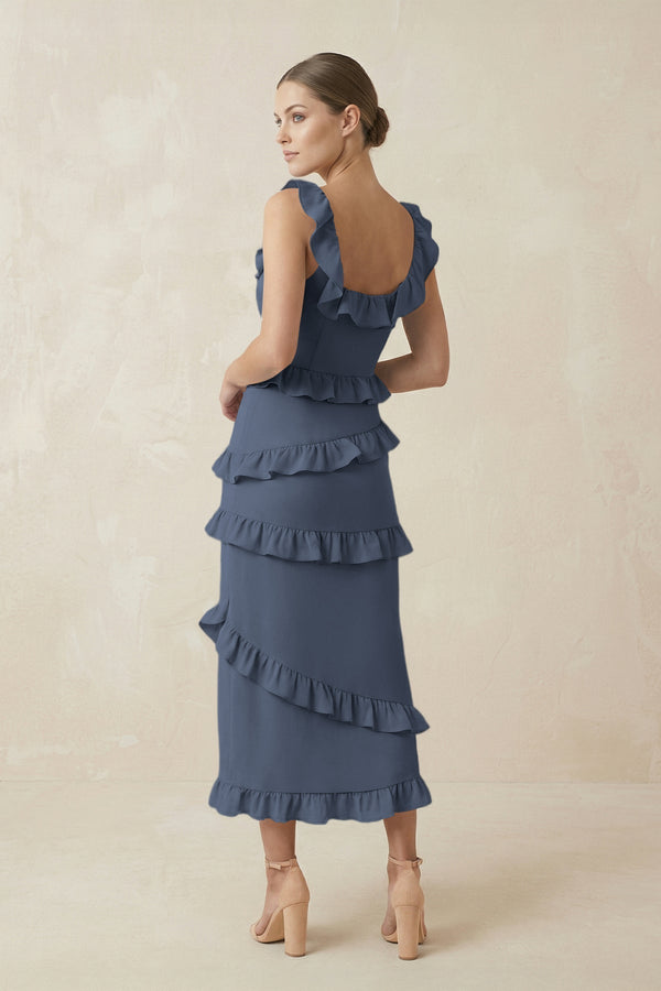 Square Neck Ruffled Sheath Satin Midi Bridesmaid Dress in Neptune - KISS BRIDAL Bridesmaid Dresses
