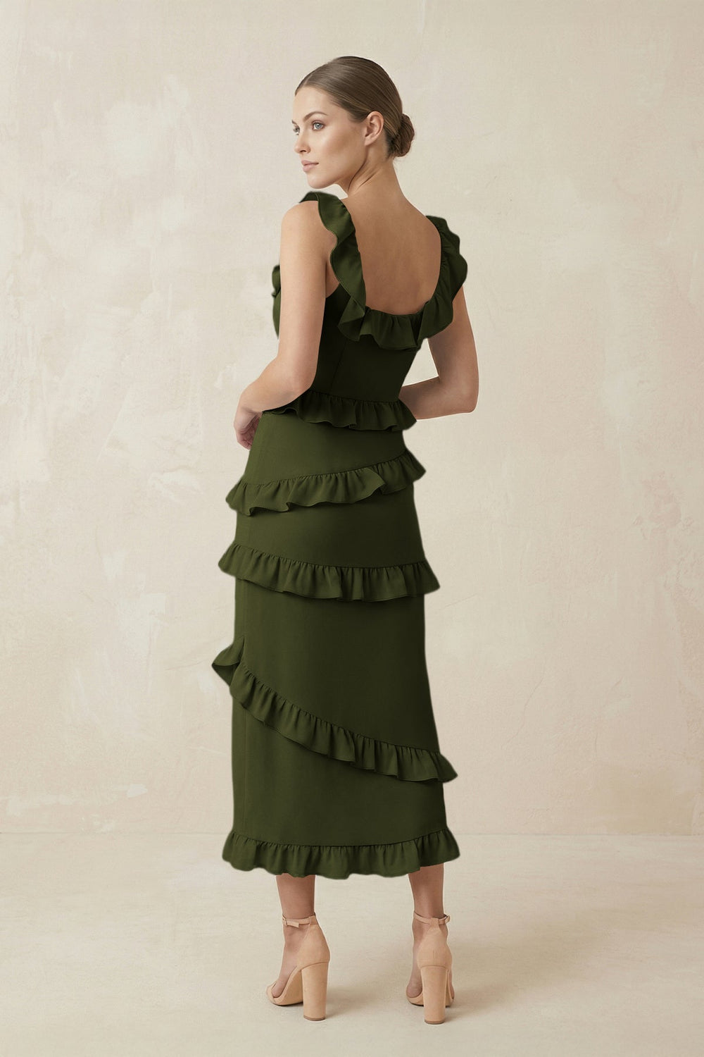 Square Neck Ruffled Sheath Satin Midi Bridesmaid Dress in Olive - KISS BRIDAL Bridesmaid Dresses