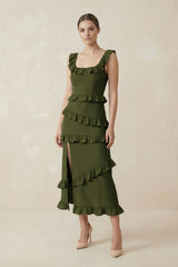 Square Neck Ruffled Sheath Satin Midi Bridesmaid Dress in Olive - KISS BRIDAL Bridesmaid Dresses