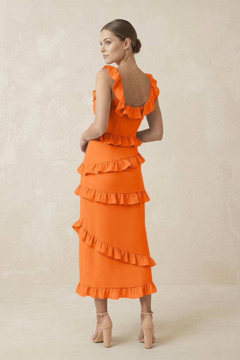 Square Neck Ruffled Sheath Satin Midi Bridesmaid Dress in Orange - KISS BRIDAL Bridesmaid Dresses