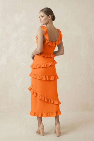 Square Neck Ruffled Sheath Satin Midi Bridesmaid Dress in Orange - KISS BRIDAL Bridesmaid Dresses