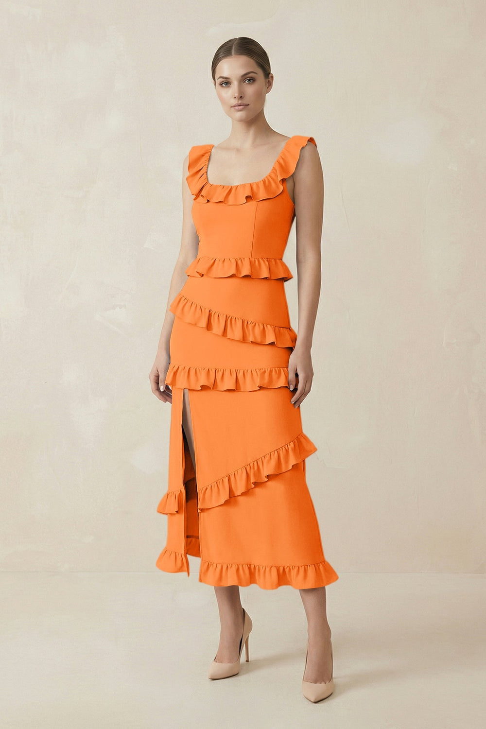 Square Neck Ruffled Sheath Satin Midi Bridesmaid Dress in Orange - KISS BRIDAL Bridesmaid Dresses