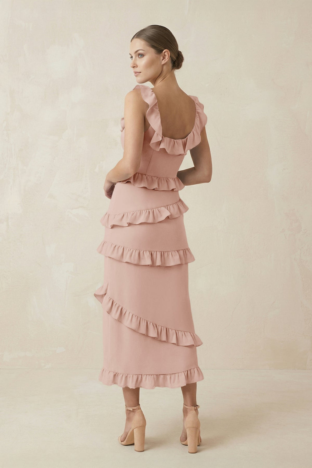 Square Neck Ruffled Sheath Satin Midi Bridesmaid Dress in Pale Blush - SHE IS ME Bridesmaid Dresses