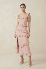 Square Neck Ruffled Sheath Satin Midi Bridesmaid Dress in Pale Blush - KISS BRIDAL Bridesmaid Dresses