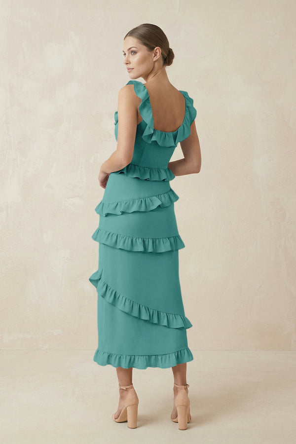 Square Neck Ruffled Sheath Satin Midi Bridesmaid Dress in Pale Pistachio - KISS BRIDAL Bridesmaid Dresses