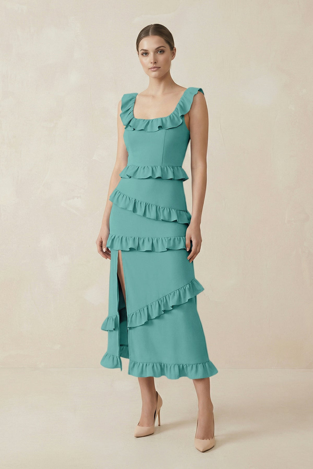 Square Neck Ruffled Sheath Satin Midi Bridesmaid Dress in Pale Pistachio - SHE IS ME Bridesmaid Dresses
