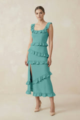 Square Neck Ruffled Sheath Satin Midi Bridesmaid Dress in Pale Pistachio - KISS BRIDAL Bridesmaid Dresses