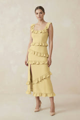 Square Neck Ruffled Sheath Satin Midi Bridesmaid Dress in Pastel Yellow - KISS BRIDAL Bridesmaid Dresses