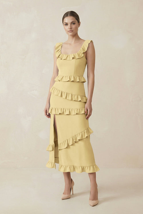 Square Neck Ruffled Sheath Satin Midi Bridesmaid Dress in Pastel Yellow - KISS BRIDAL Bridesmaid Dresses