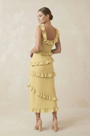 Square Neck Ruffled Sheath Satin Midi Bridesmaid Dress in Pastel Yellow - KISS BRIDAL Bridesmaid Dresses