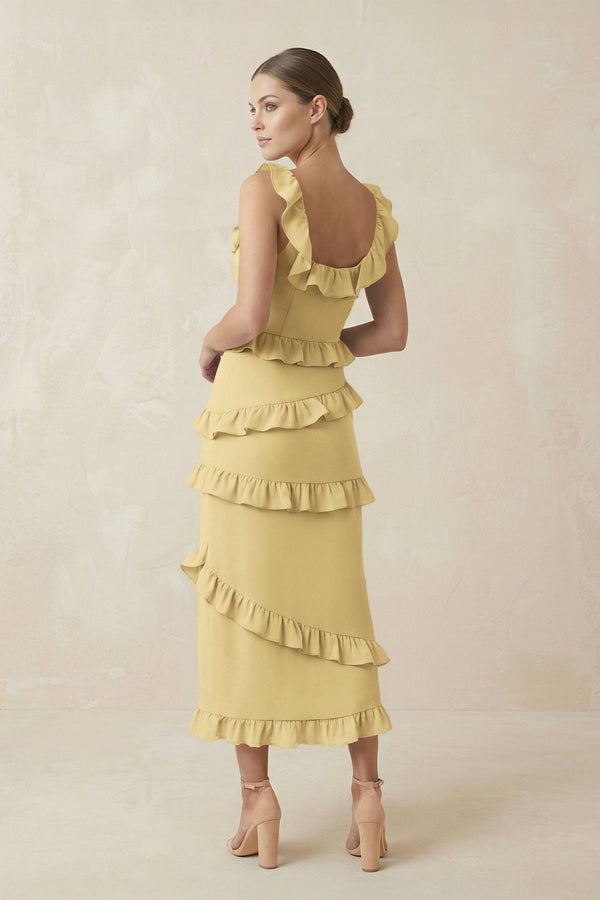 Square Neck Ruffled Sheath Satin Midi Bridesmaid Dress in Pastel Yellow - KISS BRIDAL Bridesmaid Dresses