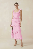 Square Neck Ruffled Sheath Satin Midi Bridesmaid Dress in Pink - KISS BRIDAL Bridesmaid Dresses