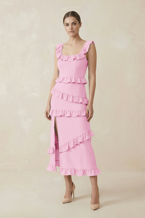 Square Neck Ruffled Sheath Satin Midi Bridesmaid Dress in Pink - KISS BRIDAL Bridesmaid Dresses