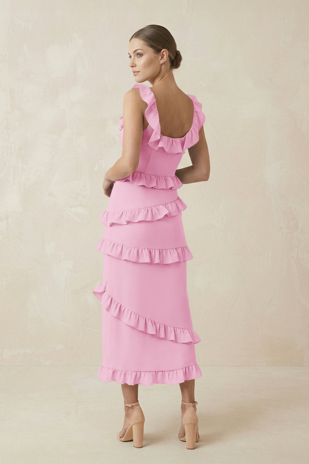 Square Neck Ruffled Sheath Satin Midi Bridesmaid Dress in Pink - KISS BRIDAL Bridesmaid Dresses