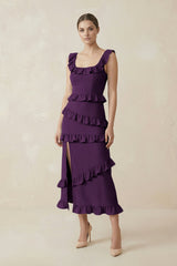 Square Neck Ruffled Sheath Satin Midi Bridesmaid Dress in Plum - KISS BRIDAL Bridesmaid Dresses