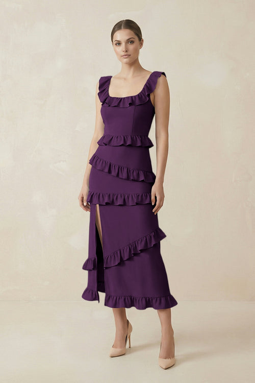 Square Neck Ruffled Sheath Satin Midi Bridesmaid Dress in Plum - KISS BRIDAL Bridesmaid Dresses