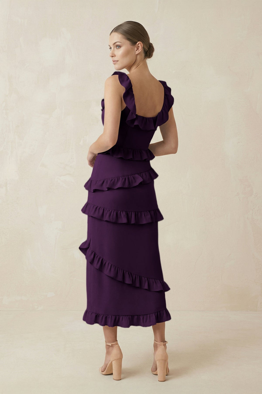 Square Neck Ruffled Sheath Satin Midi Bridesmaid Dress in Plum - KISS BRIDAL Bridesmaid Dresses