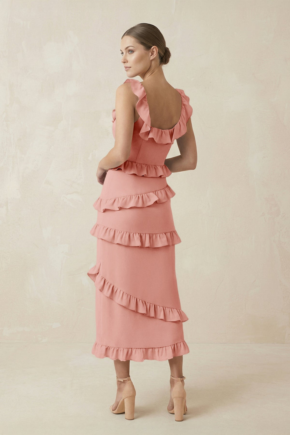 Square Neck Ruffled Sheath Satin Midi Bridesmaid Dress in Rose Petal - SHE IS ME Bridesmaid Dresses
