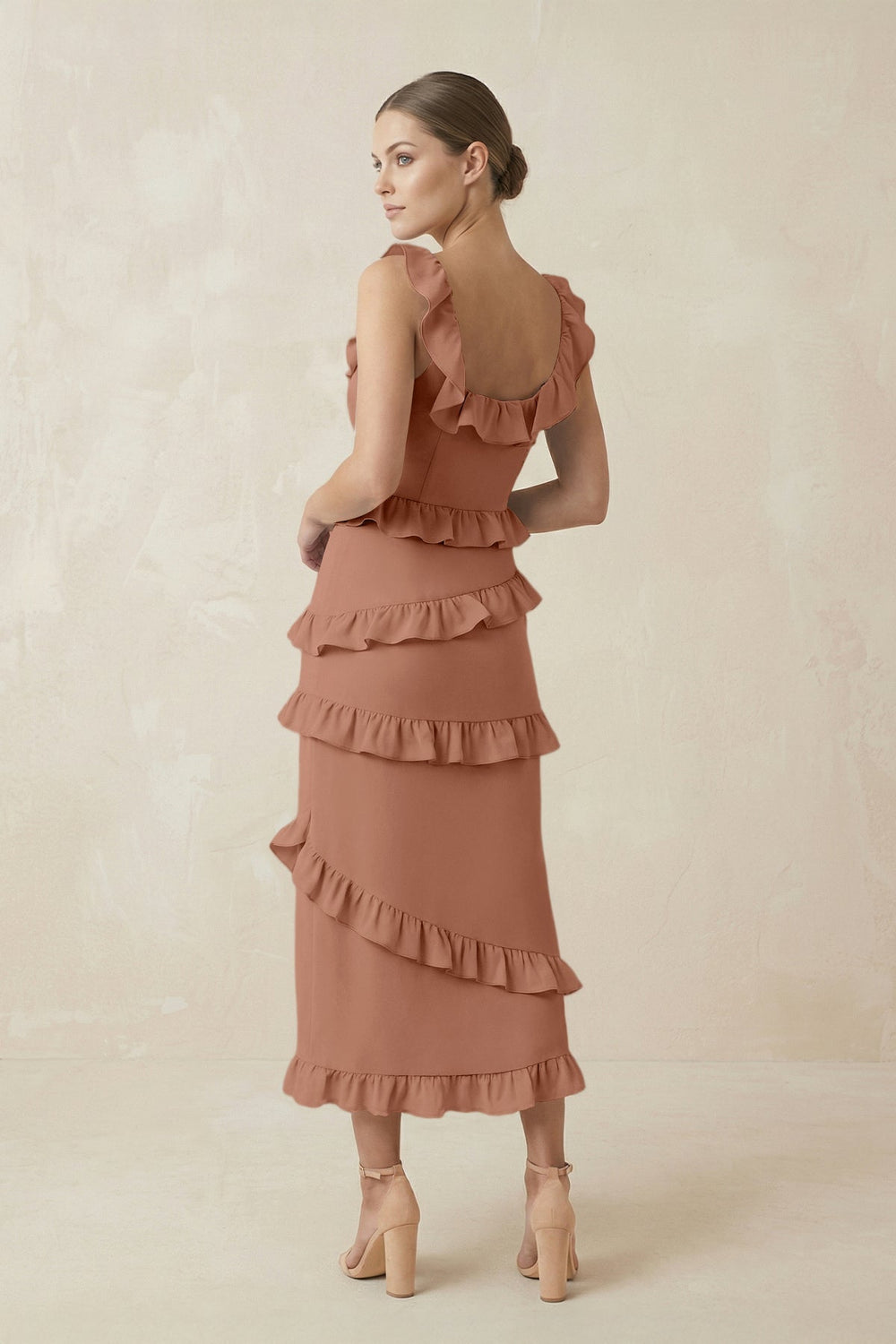 Square Neck Ruffled Sheath Satin Midi Bridesmaid Dress in Rosette - SHE IS ME Bridesmaid Dresses