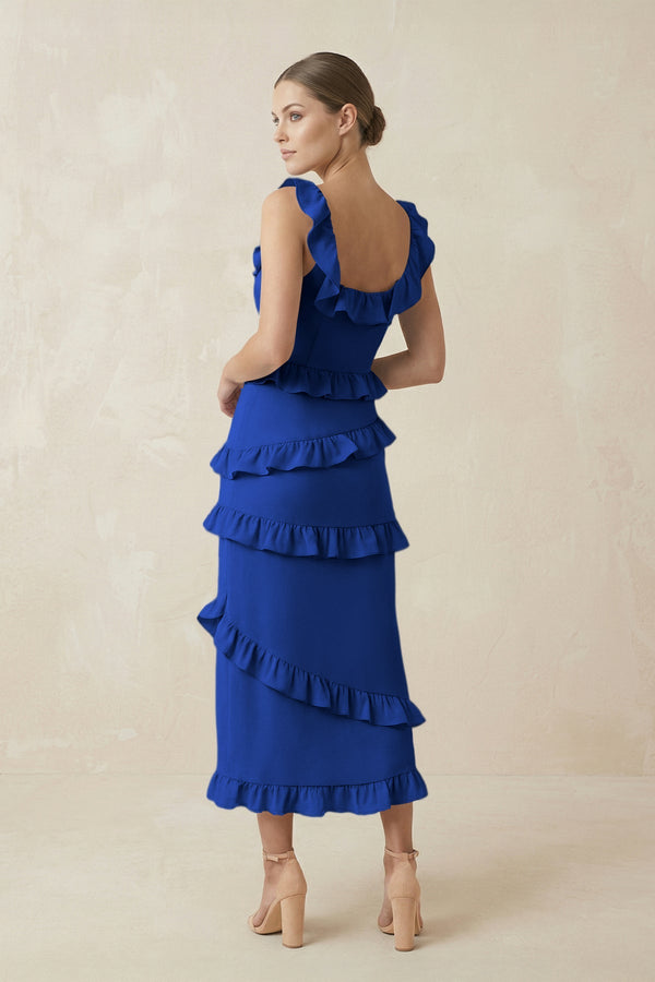 Square Neck Ruffled Sheath Satin Midi Bridesmaid Dress in Royal Blue - KISS BRIDAL Bridesmaid Dresses