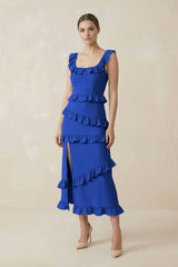 Square Neck Ruffled Sheath Satin Midi Bridesmaid Dress in Royal Blue - KISS BRIDAL Bridesmaid Dresses