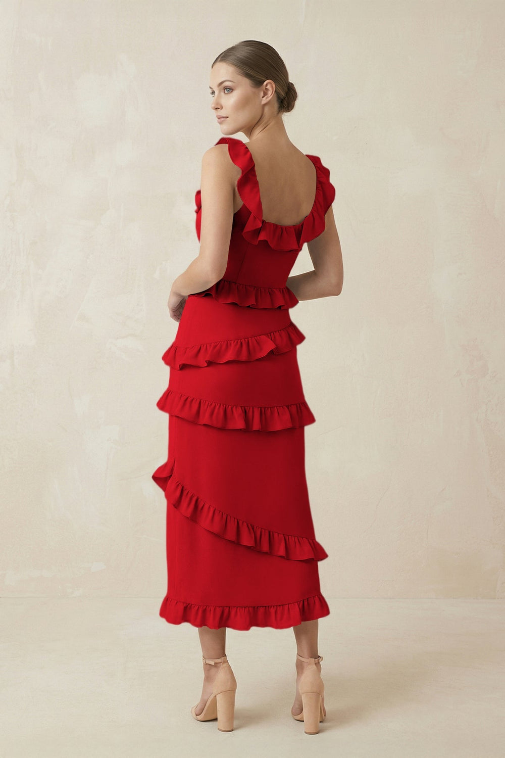 Square Neck Ruffled Sheath Satin Midi Bridesmaid Dress in Ruby Red - SHE IS ME Bridesmaid Dresses