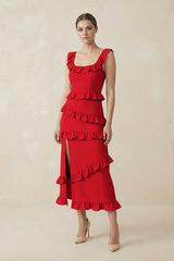 Square Neck Ruffled Sheath Satin Midi Bridesmaid Dress in Ruby Red - KISS BRIDAL Bridesmaid Dresses