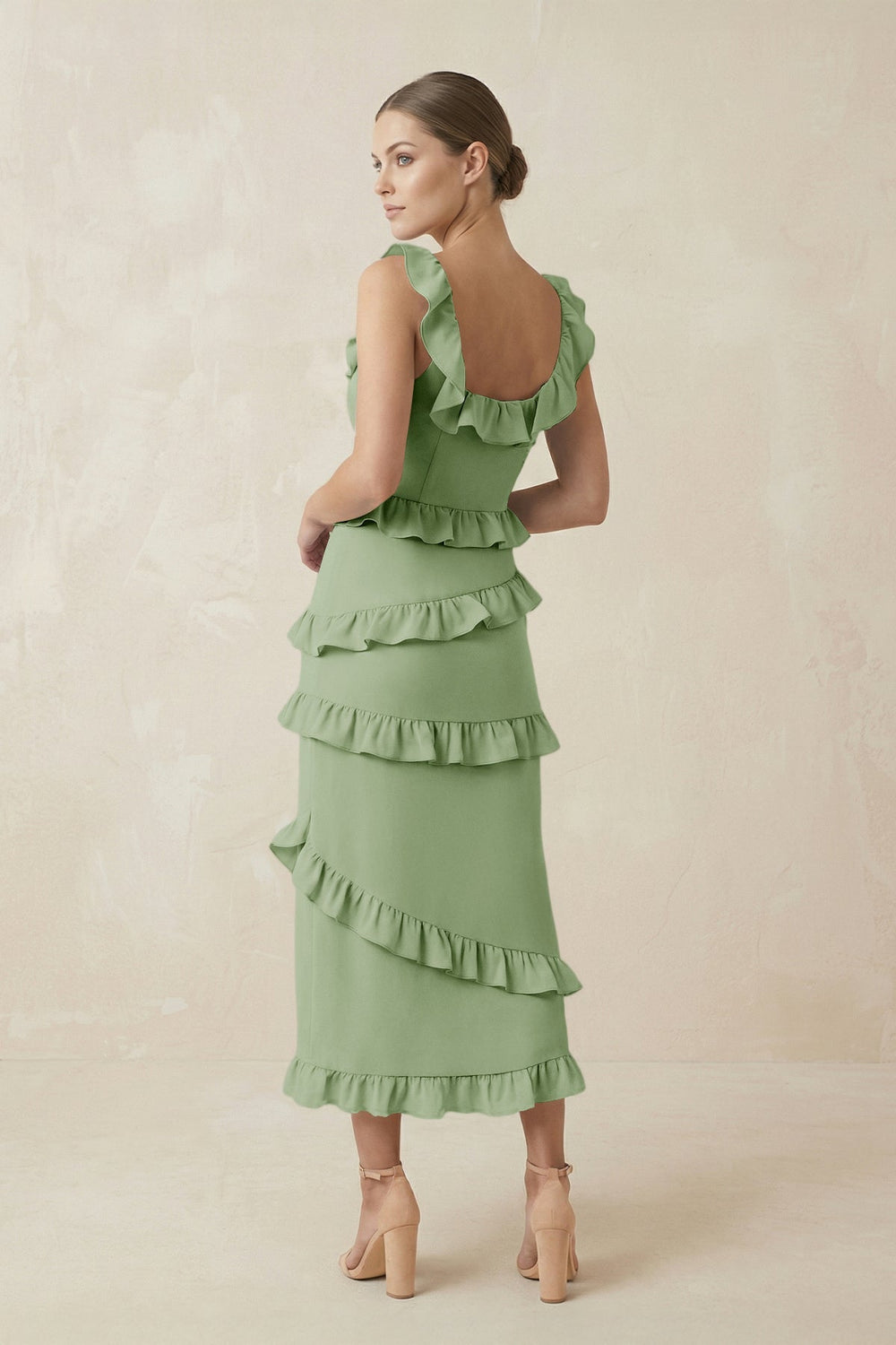 Square Neck Ruffled Sheath Satin Midi Bridesmaid Dress in Sage - KISS BRIDAL Bridesmaid Dresses