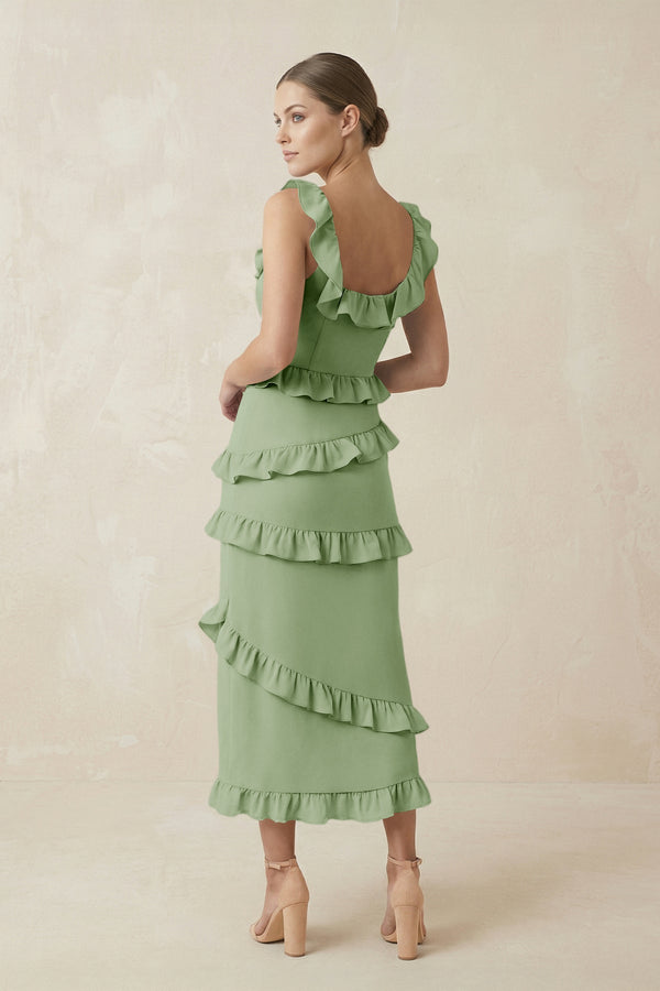 Square Neck Ruffled Sheath Satin Midi Bridesmaid Dress in Sage - KISS BRIDAL Bridesmaid Dresses