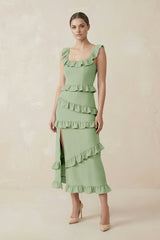 Square Neck Ruffled Sheath Satin Midi Bridesmaid Dress in Sage - KISS BRIDAL Bridesmaid Dresses
