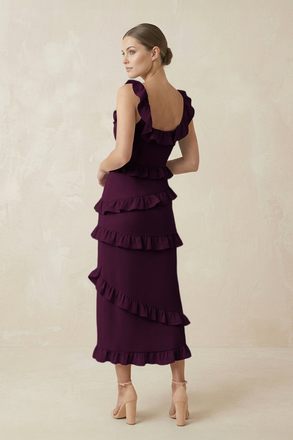 Square Neck Ruffled Sheath Satin Midi Bridesmaid Dress in Sangria - SHE IS ME Bridesmaid Dresses