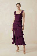 Square Neck Ruffled Sheath Satin Midi Bridesmaid Dress in Sangria - KISS BRIDAL Bridesmaid Dresses