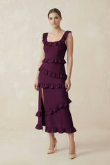 Square Neck Ruffled Sheath Satin Midi Bridesmaid Dress in Sangria - KISS BRIDAL Bridesmaid Dresses