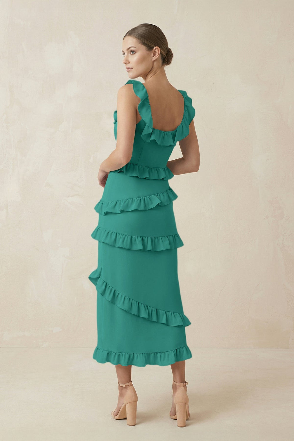 Square Neck Ruffled Sheath Satin Midi Bridesmaid Dress in Sea Glass - SHE IS ME Bridesmaid Dresses