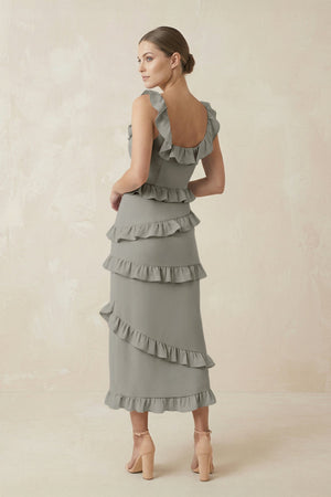 Square Neck Ruffled Sheath Satin Midi Bridesmaid Dress in Silver - KISS BRIDAL Bridesmaid Dresses