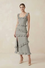 Square Neck Ruffled Sheath Satin Midi Bridesmaid Dress in Silver - KISS BRIDAL Bridesmaid Dresses