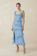 Square Neck Ruffled Sheath Satin Midi Bridesmaid Dress in Sky Blue - KISS BRIDAL Bridesmaid Dresses
