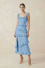 Square Neck Ruffled Sheath Satin Midi Bridesmaid Dress in Sky Blue - KISS BRIDAL Bridesmaid Dresses