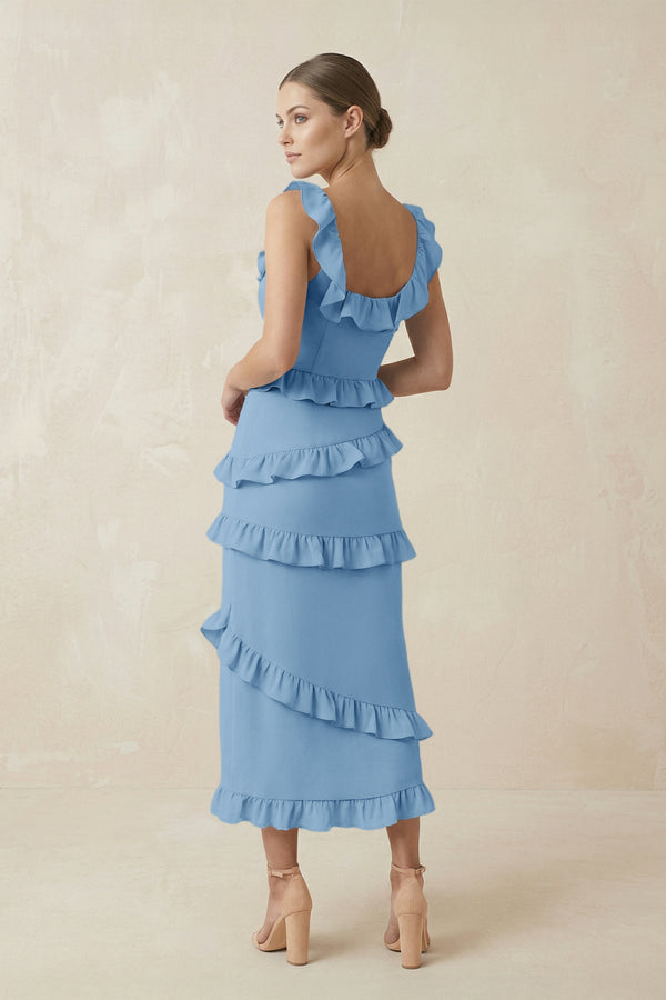 Square Neck Ruffled Sheath Satin Midi Bridesmaid Dress in Sky Blue - KISS BRIDAL Bridesmaid Dresses