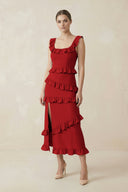 Square Neck Ruffled Sheath Satin Midi Bridesmaid Dress in Spice - KISS BRIDAL Bridesmaid Dresses