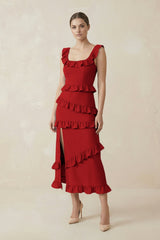 Square Neck Ruffled Sheath Satin Midi Bridesmaid Dress in Spice - KISS BRIDAL Bridesmaid Dresses
