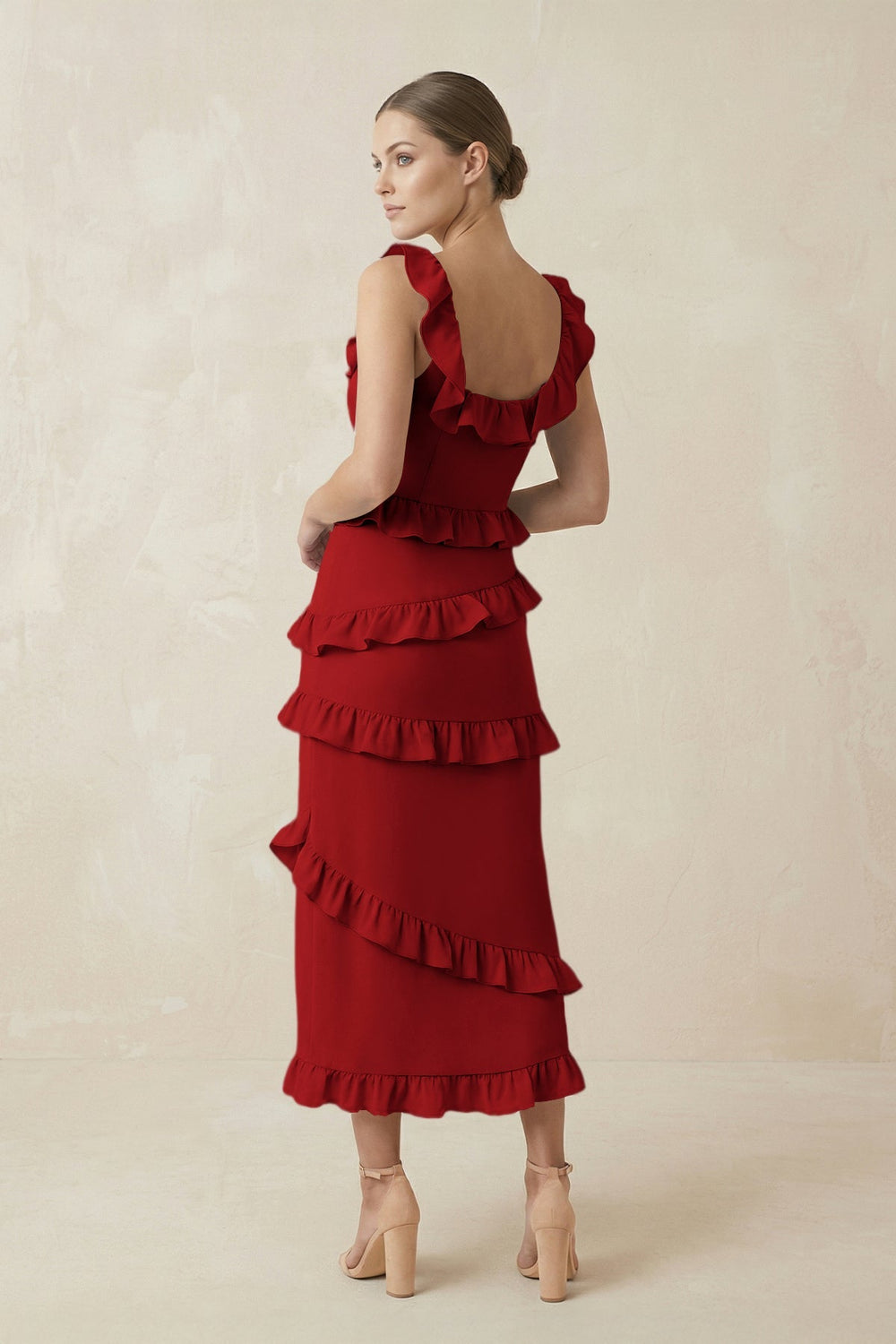 Square Neck Ruffled Sheath Satin Midi Bridesmaid Dress in Spice - SHE IS ME Bridesmaid Dresses