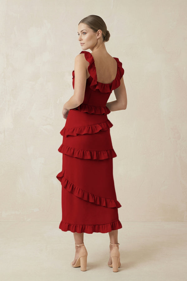 Square Neck Ruffled Sheath Satin Midi Bridesmaid Dress in Spice - KISS BRIDAL Bridesmaid Dresses