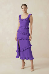 Square Neck Ruffled Sheath Satin Midi Bridesmaid Dress in Tahiti - KISS BRIDAL Bridesmaid Dresses