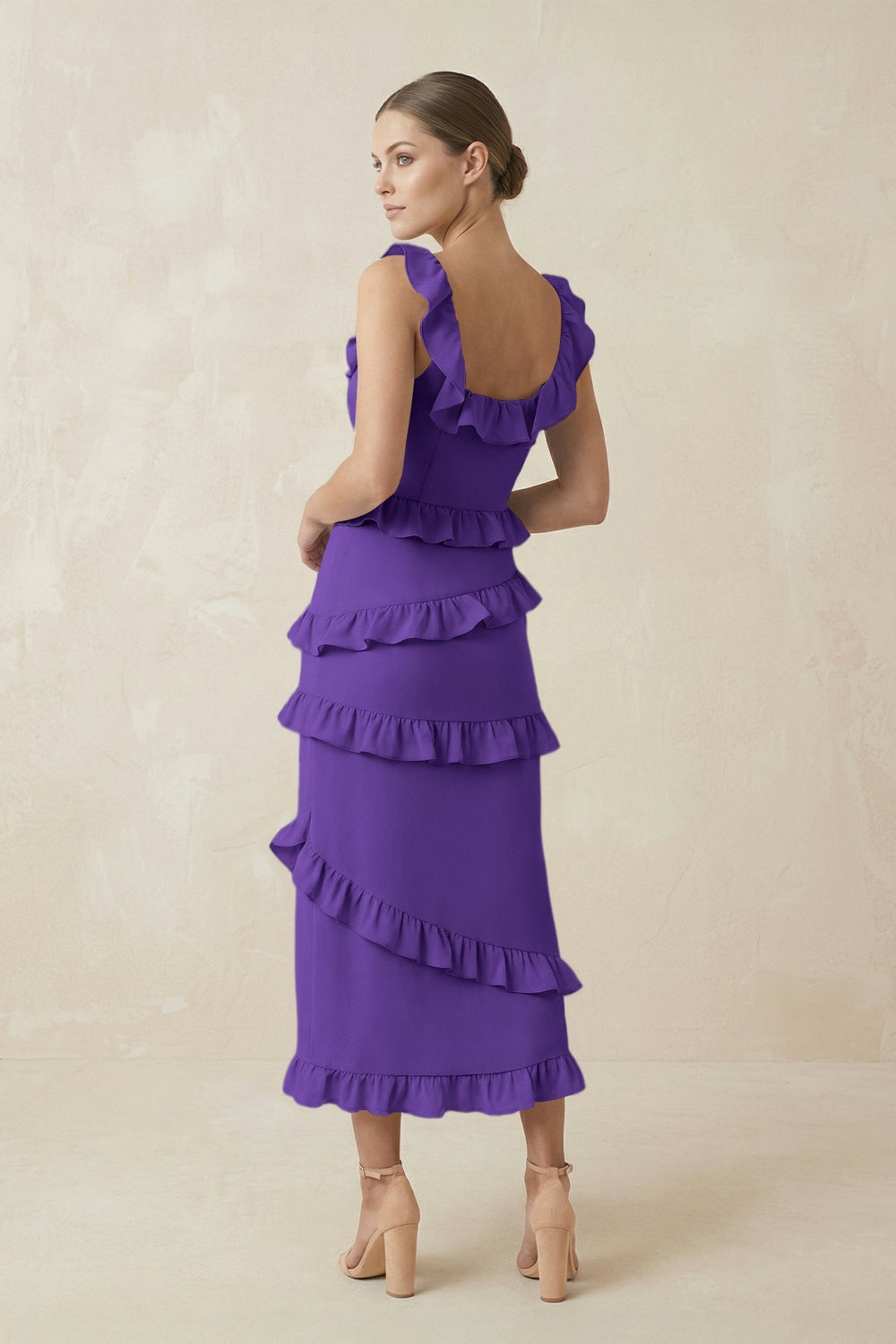 Square Neck Ruffled Sheath Satin Midi Bridesmaid Dress in Tahiti - KISS BRIDAL Bridesmaid Dresses