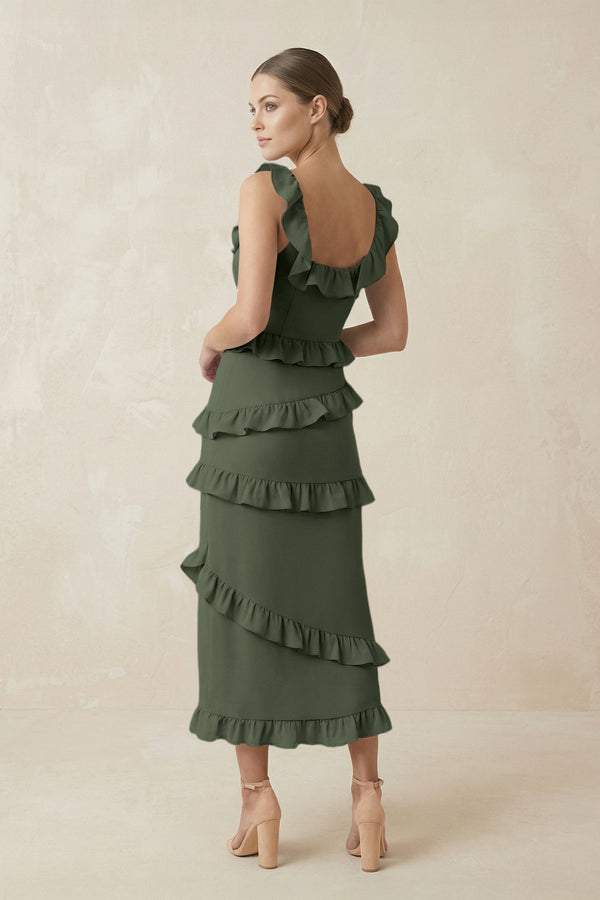 Square Neck Ruffled Sheath Satin Midi Bridesmaid Dress in Thyme - KISS BRIDAL Bridesmaid Dresses
