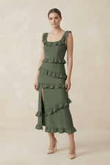 Square Neck Ruffled Sheath Satin Midi Bridesmaid Dress in Thyme - KISS BRIDAL Bridesmaid Dresses